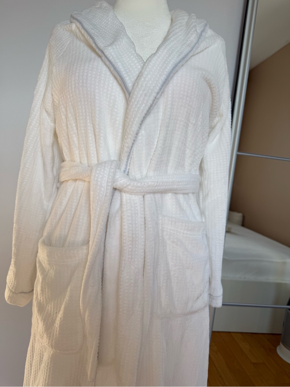 Bliss White Plush Hooded Robe with Teal Logo